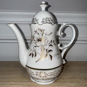 VTG 25Th Anniversary Tea Coffee Pot‎ AB-190 Norcrest Chatillon White Gold Japan